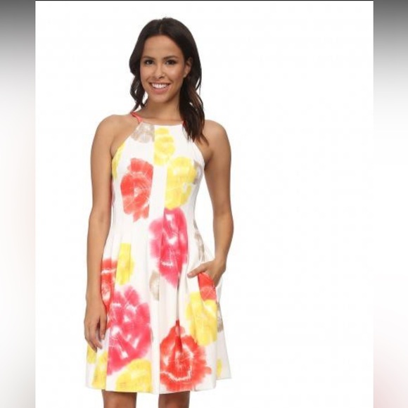 Calvin Klein Dresses & Skirts - Calvin Klein Floral White Pink Red Coral Yellow Scuba Dress size 6